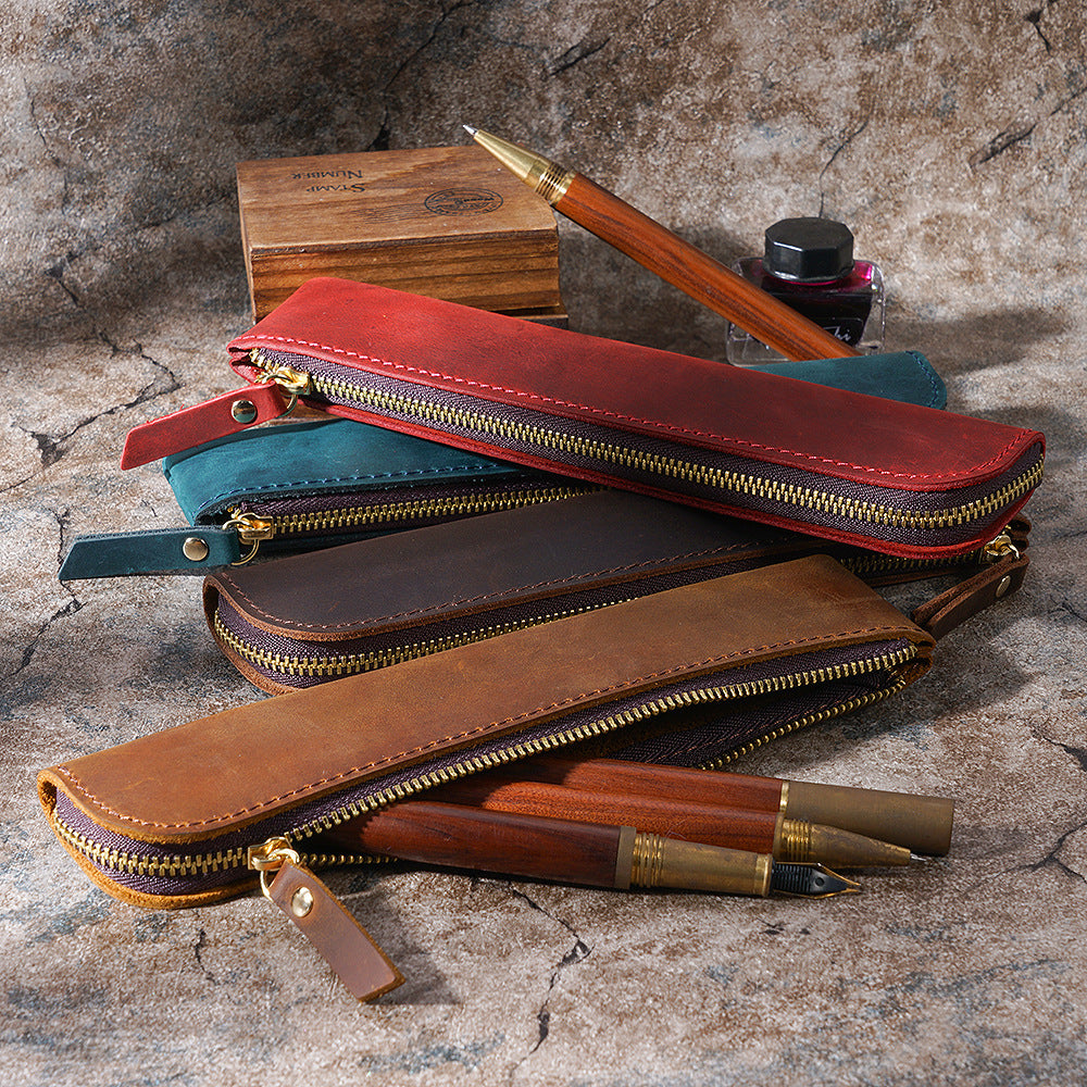 Red Vintage Crazy Horse Leather Zippered Pen Case - Retro Pencil Pouch & Small Accessories Bag