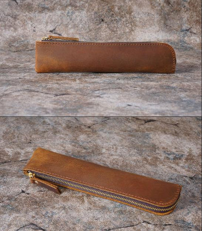 Red Vintage Crazy Horse Leather Zippered Pen Case - Retro Pencil Pouch & Small Accessories Bag