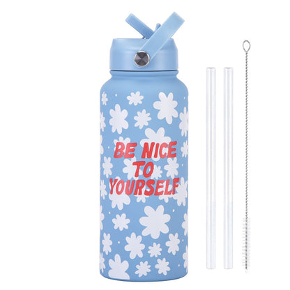 Style 19A Blue and White Plaid Vibrant Fun Print 1L Stainless Steel Insulated Water Bottle - 32oz Large Capacity with Straw Lid & Carry Handle - BPA-Free