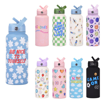 Style 9B Black Vibrant Fun Print 1L Stainless Steel Insulated Water Bottle - 32oz Large Capacity with Straw Lid & Carry Handle - BPA-Free
