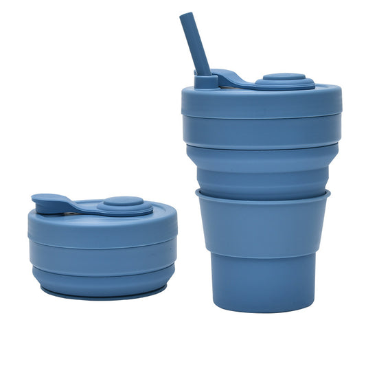 2 Pcs Dark Blue 350ml Collapsible Silicone Travel Cup - Portable, Leak-Proof & Food-Grade Drinking Mug with Lid, Insulating Sleeve & Straw