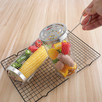2 Pcs Size S Silver Rolling Stainless Steel BBQ Grill Basket - Cylindrical Grilling Cage for Veggies, Meats & More (304 Food-Grade)