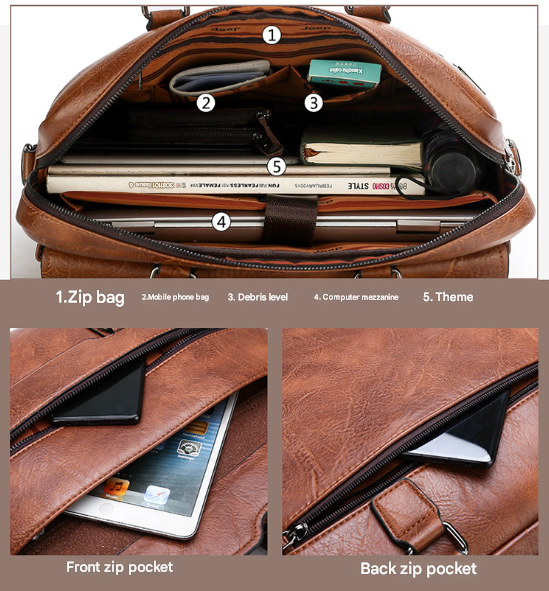 Black Men's PU Leather Briefcase - Vintage Style Laptop Messenger Bag, Crossbody Satchel for Business & Casual