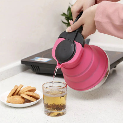 Blue 1.5L Collapsible Silicone Camping Kettle - Portable Foldable Travel Water Boiler, Stainless Steel Base