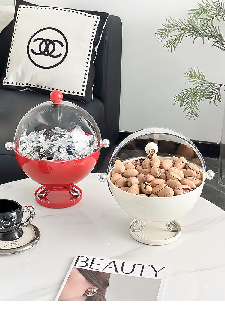 Red Whimsical Covered Fruit Bowl with Flip Lid & Drainer - Cute Design Snack & Candy Dish for Living Room