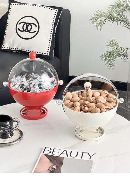 Red Whimsical Covered Fruit Bowl with Flip Lid & Drainer - Cute Design Snack & Candy Dish for Living Room