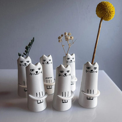 3 Pcs White And Black Adorable Sassy Cat Mini Bud Vase - Whimsical Resin Figurine Flower Holder for Single Stem - Cute Home & Desk Decor Accent