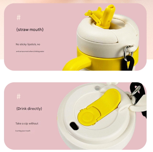 Beige and Yellow 700ml Insulated Stainless Steel Tumbler with Handle, Dual-Sip Lid, Straw & Tea Infuser