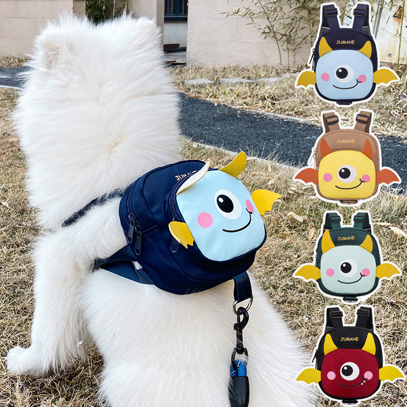 Black Adorable Monster Pet Backpack Harness - Small Dog & Cat Treat Pouch with Poop Bag Dispenser
