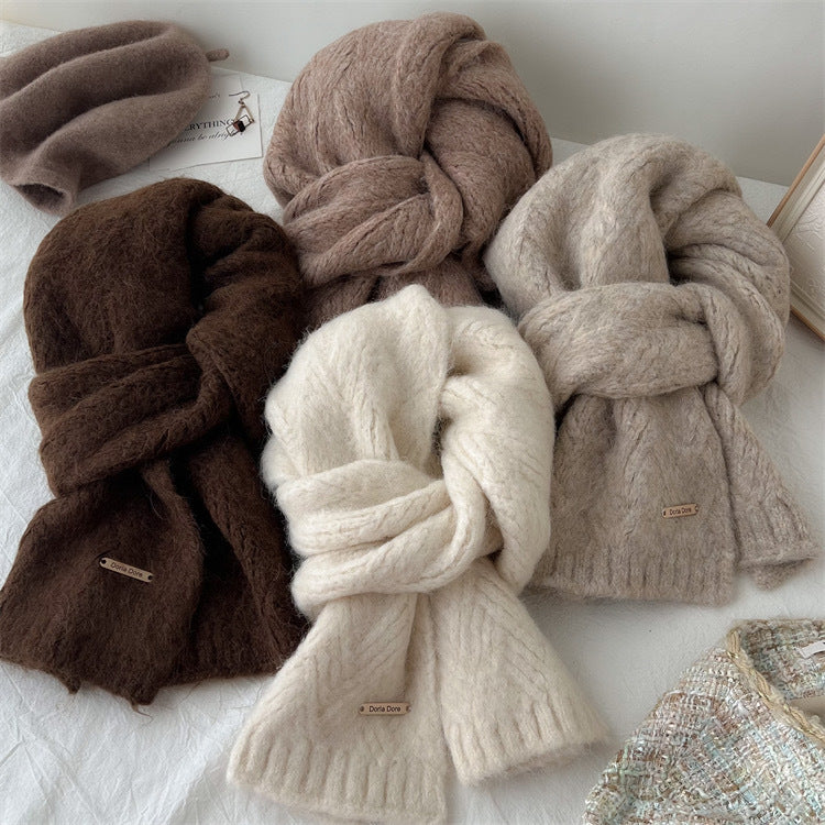 Blue Alpaca Wool Blend Solid Color Knitted Scarf for Women Winter New Style Student High Quality Couple Woolen Neck Warmer