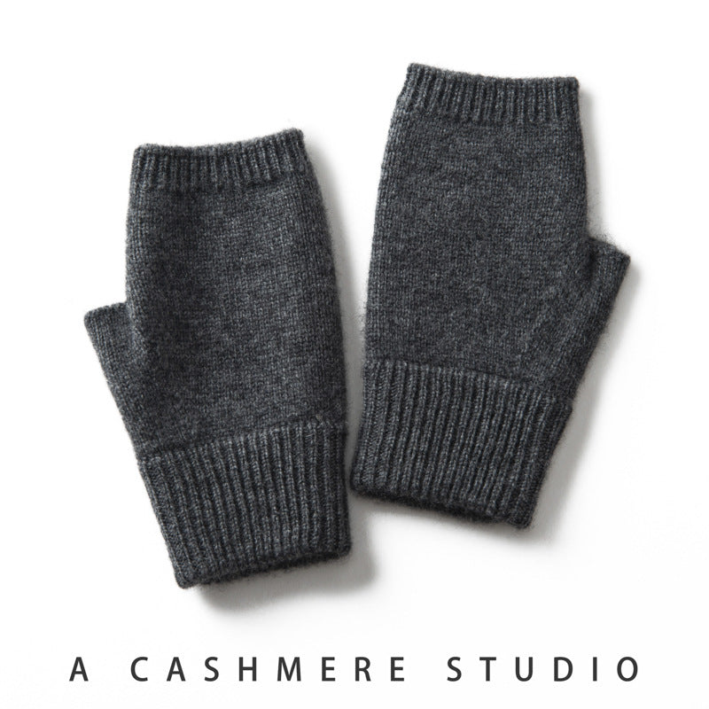 Dark Grey Color Block Cashmere Fingerless Gloves for Women Autumn Winter Outdoor Cold Protection Warm Knitted Gloves