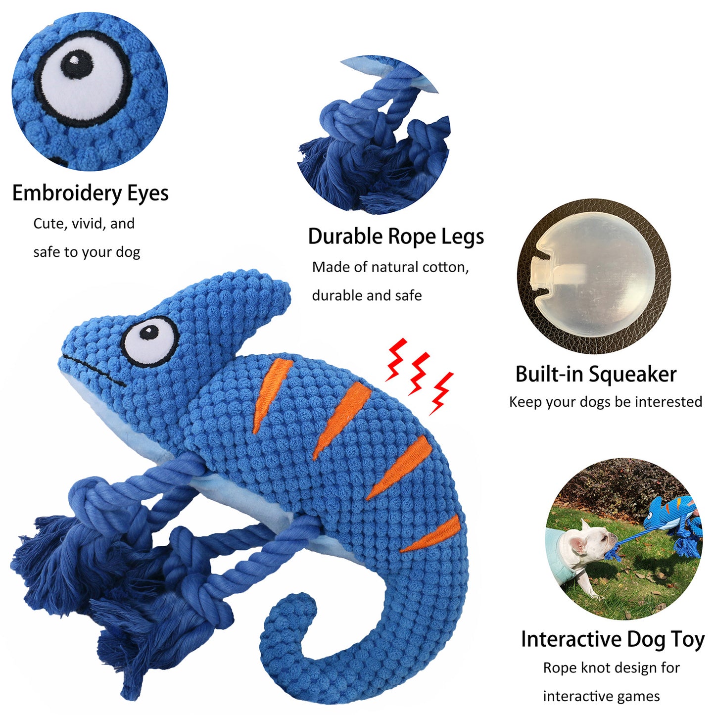 2 Pcs Green Interactive Plush Chameleon Dog Toy with Squeaker & Rope Legs - Durable Chew Toy for Medium/Large Dogs, Teeth Cleaning Texture, Machine Washable (10.2in)