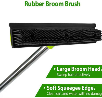 Pink and Silver Versatile Pet Hair Remover Rubber Broom & Squeegee - 125cm Adjustable Stainless Steel Handle for Carpets, Floors & Windows