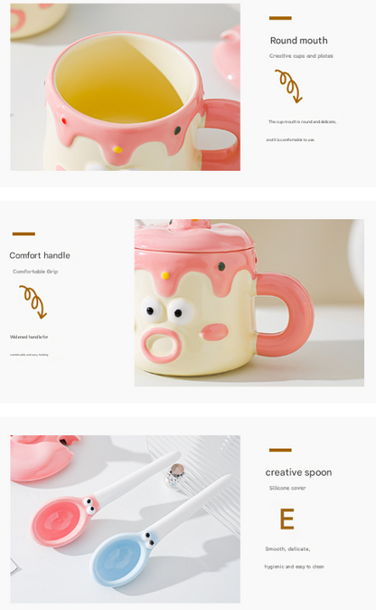 Blue Adorable Cartoon Character Ceramic Mug Set - 420ml with Fun Cake Design Lid & Matching Spoon - Perfect Gift