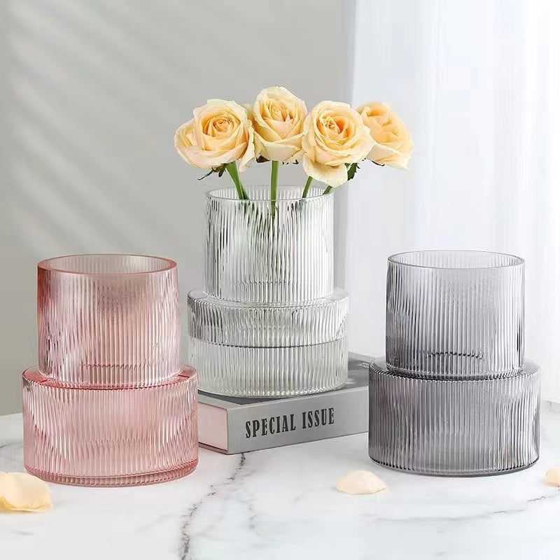 Transparent Modern Two-Tier Ribbed Glass Vase - Elegant Cylindrical Flower Centrepiece for Home Decor