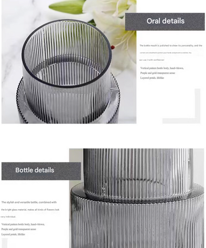 Transparent Modern Two-Tier Ribbed Glass Vase - Elegant Cylindrical Flower Centrepiece for Home Decor