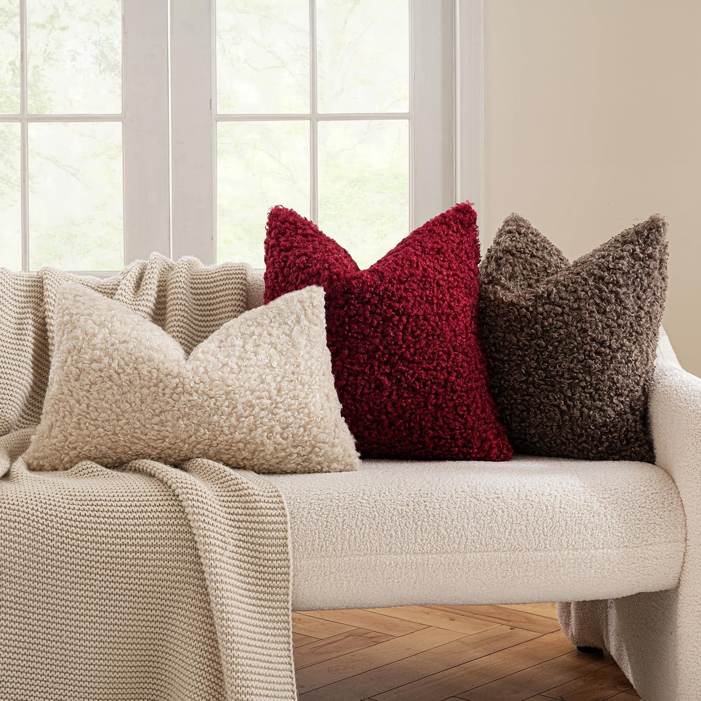 2 Pcs Brown Cozy Teddy Boucle Cushion Cover - Plush Decorative Square Pillow Case for Sofa & Bed