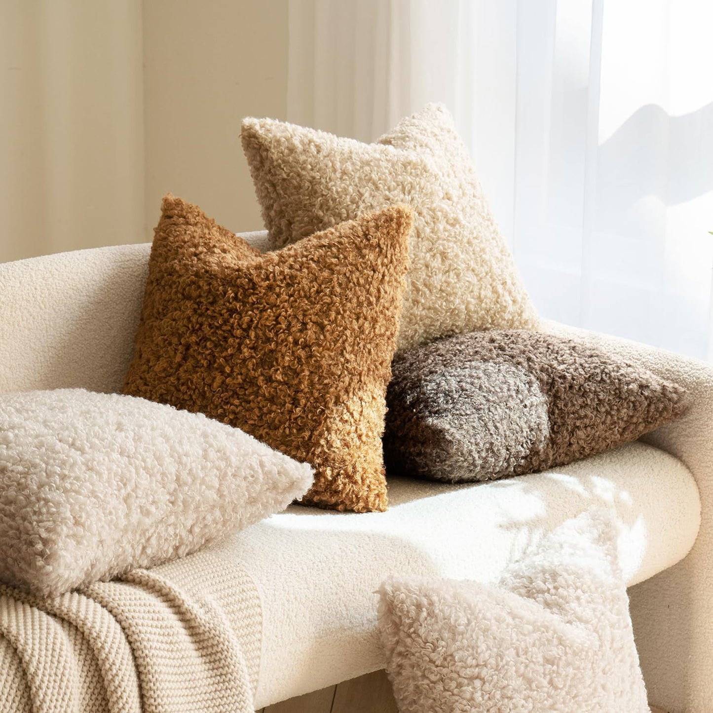 2 Pcs White Cozy Teddy Boucle Cushion Cover - Plush Decorative Square Pillow Case for Sofa & Bed
