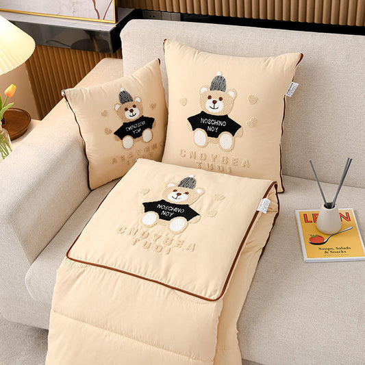 Beige Cap Bear 2-in-1 Foldable Car Pillow Blanket - Cozy 40x40cm Pillow, Unfolds to 100x150cm Blanket for Travel and Office Naps