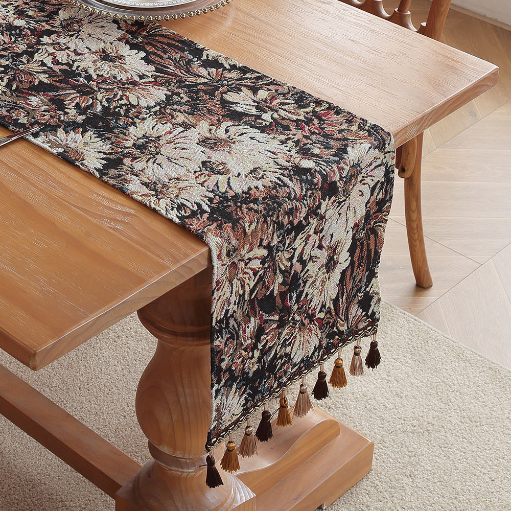 Camellia American Retro Jacquard Embroidered Table Runner - Light Luxury Table Mat 30cm x 180cm with Tassels