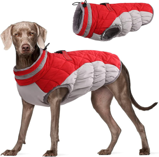 XL Red Grey Premium Winter Puffer Dog Coat - Windproof & Fleece-Lined Jacket for Cold Weather