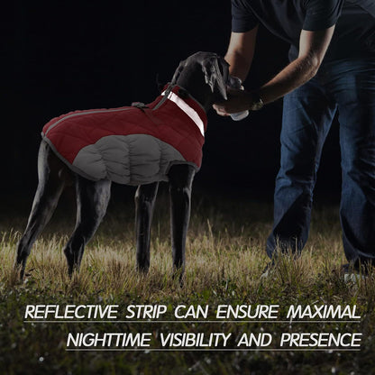 XXL Red Grey Premium Winter Puffer Dog Coat - Windproof & Fleece-Lined Jacket for Cold Weather