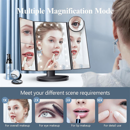 White LED Lighted Tri-Fold Vanity Mirror with 2X/3X/10X Magnification