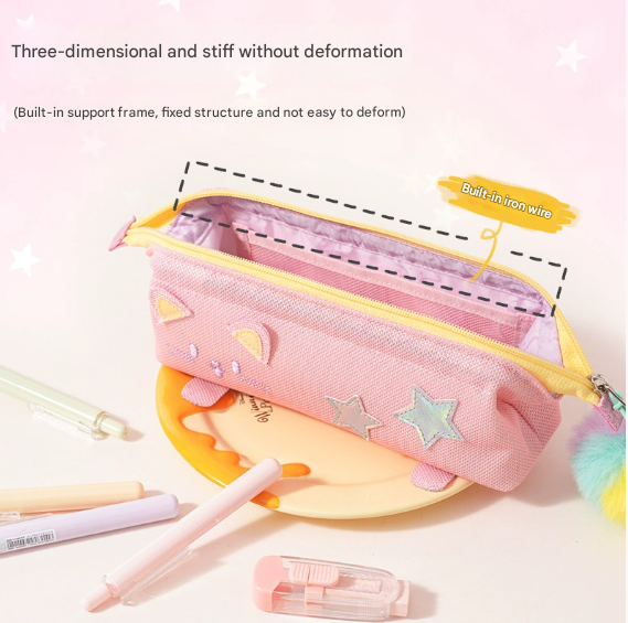 Pink Cute Cat Pencil Case for Girls - Large Capacity Sparkly Stationery Pouch with Fluffy Pom Pom