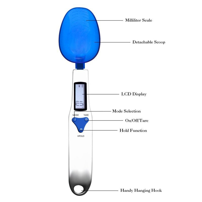 Blue High Precision Digital Spoon Scale - Electronic Measuring Scoop with 3 Heads for Kitchen & Baking(300g)