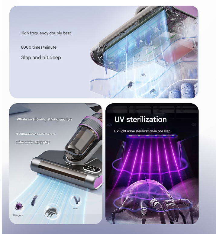 Purple Advanced Cordless UV-C Dust Mite Vacuum - Handheld Cleaner with Hot Air, Pulsating Pads & LED Display