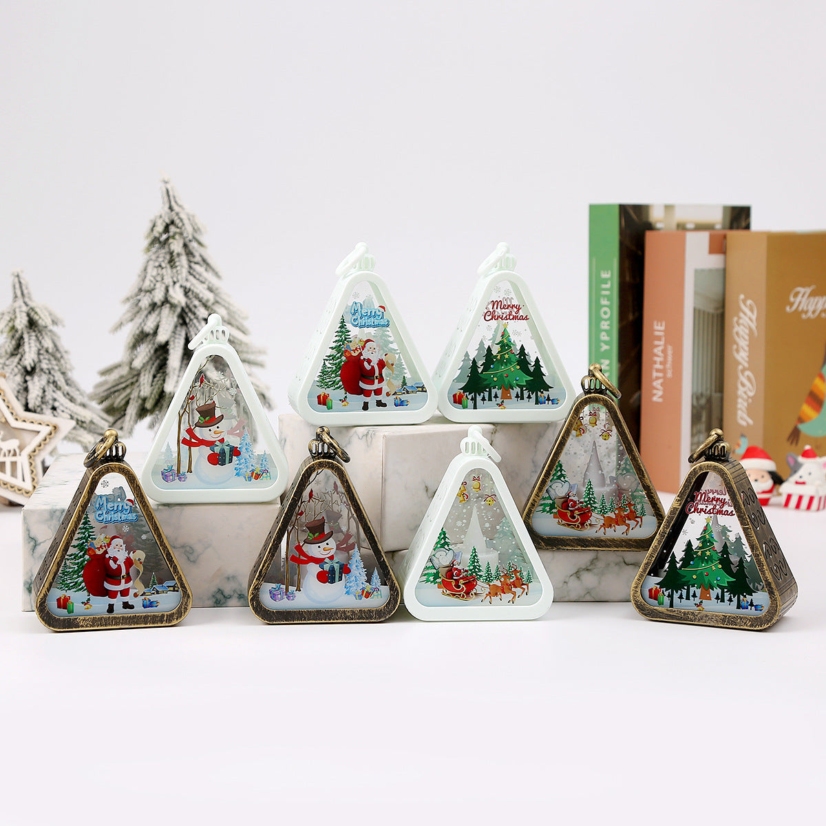 White Christmas tree Charming Christmas Scene Mini Lanterns (Set of 3) - Battery Operated LED Lights for a Cozy Holiday Glow
