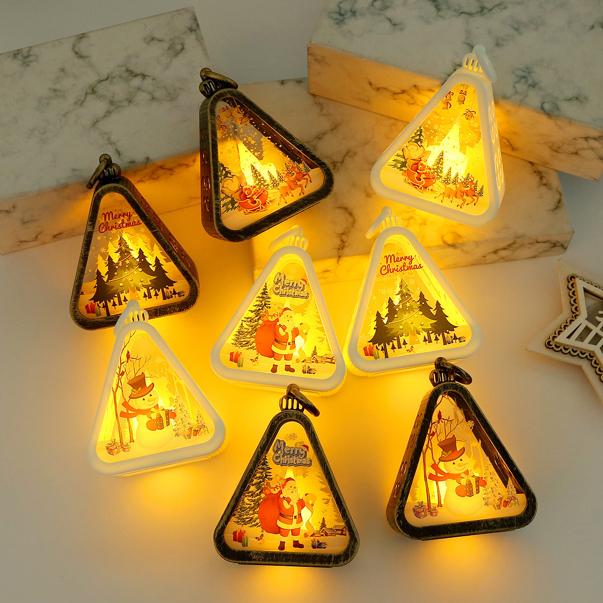 Bronze color Santa Claus Charming Christmas Scene Mini Lanterns (Set of 3) - Battery Operated LED Lights for a Cozy Holiday Glow