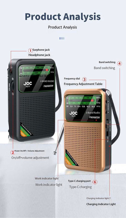 Black JOC TG-77 Multi-Band Rechargeable Radio for Seniors - Automatic Channel Search, FM/AM/SW Bands
