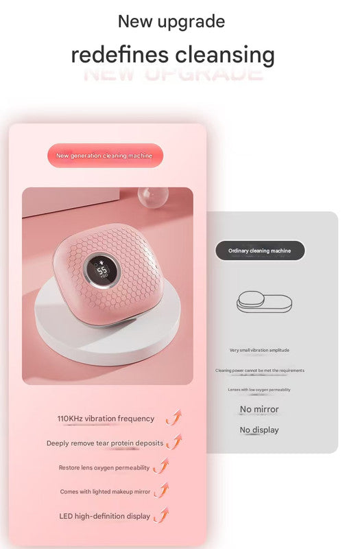 Purple Portable Ultrasonic Contact Lens Cleaner - Automatic Electric Cleaning Case with LED Makeup Mirror, USB Rechargeable for Travel & Home