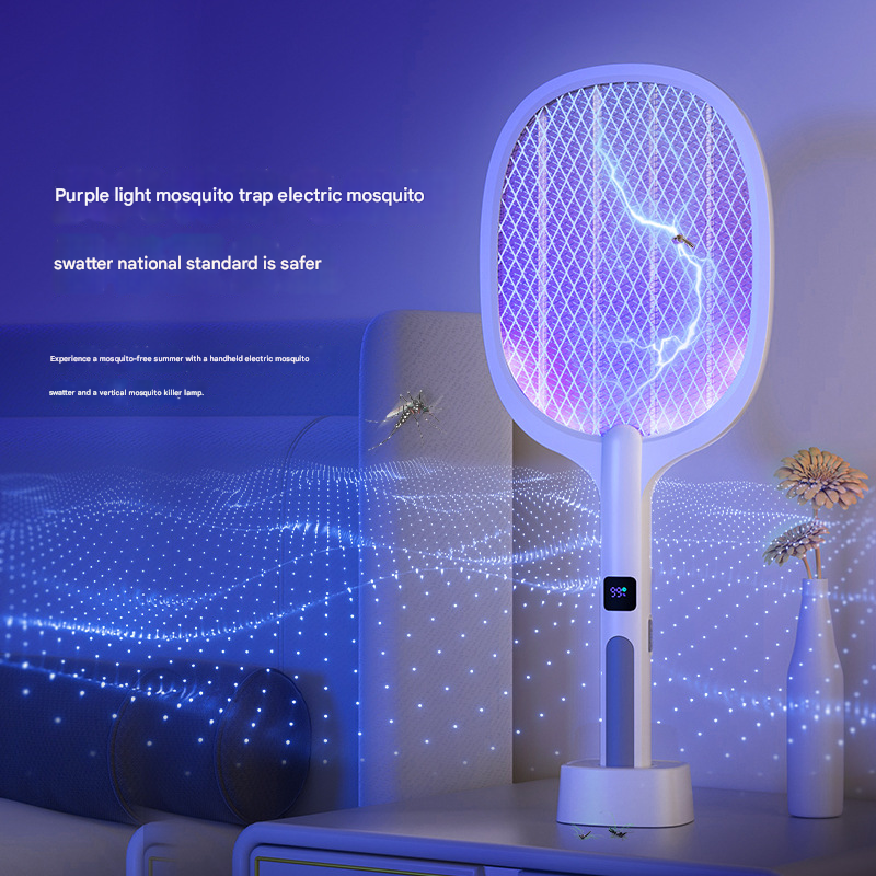 White Rechargeable 2-in-1 Bug Zapper Racket - Electric Fly Swatter & UV Mosquito Lamp with Charging Base