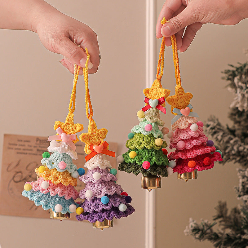 2 Pcs Handmade Crochet Christmas Tree Ornament - Plush Knitted Decoration with Bell - Ideal for Home, Car & Holiday Decor(Style F)