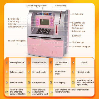 Pink Digital ATM Savings Bank for Kids - Electronic Piggy Bank with PIN & Card for Real Money