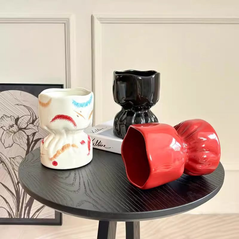 Artisan Handcrafted Ceramic Vase - Minimalist Home Decor with Stable Base(black)