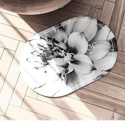 Elegant Floral Print Absorbent Floor Mat - Quick Dry, Non-Slip, Easy Clean Bathroom & Entryway Rug(White flowers on black background)