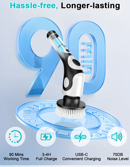 Multi-Functional Electric Spin Scrubber with Voice Broadcast, 9 Heads, Adjustable Extension Handle & LED Display(Black and White)