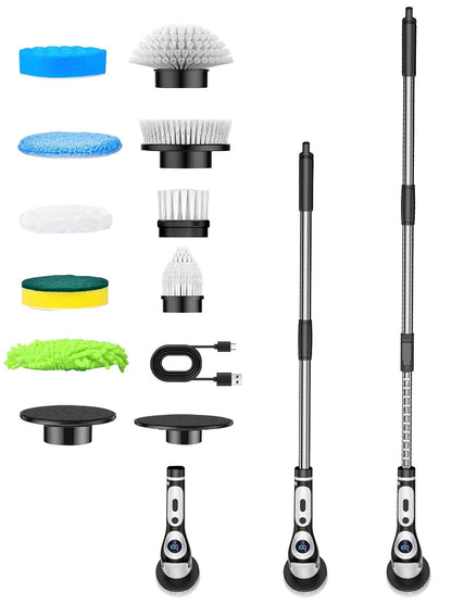 Multi-Functional Electric Spin Scrubber with Voice Broadcast, 9 Heads, Adjustable Extension Handle & LED Display(Black and White)