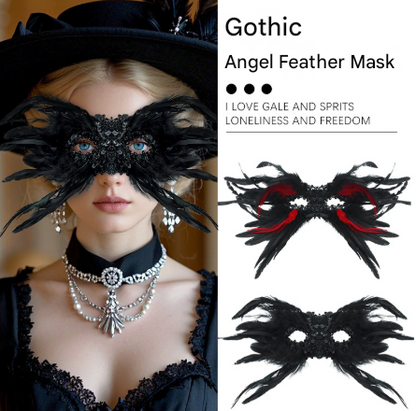 Red and Black Mysterious Gothic Feather Masquerade Mask - Black Angel Wing Venetian Party Costume