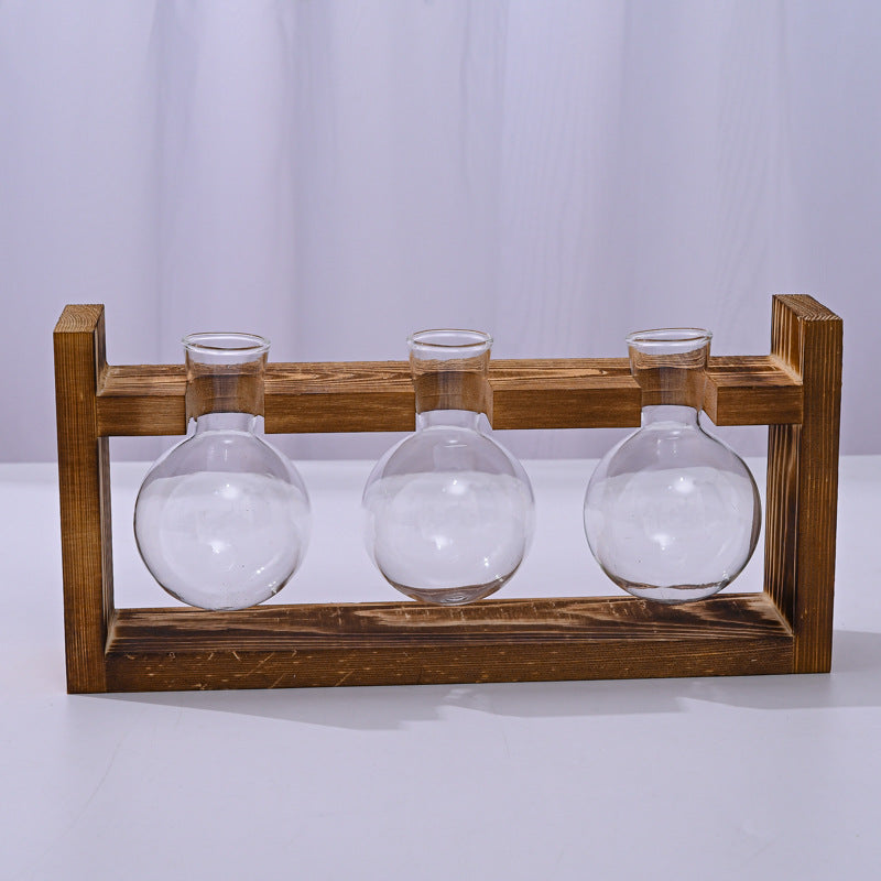 Brown Desktop Plant Propagation Station - Rustic Wooden Stand with 3 Glass Bulb Vases for Hydroponics & Cuttings