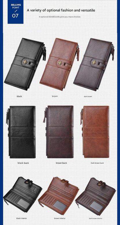 Coffee Men's Vintage PU Leather Long Wallet - High Capacity Dual Zipper Clutch with Phone & Card Slots