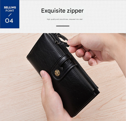 Brown Men's Vintage PU Leather Long Wallet - High Capacity Dual Zipper Clutch with Phone & Card Slots