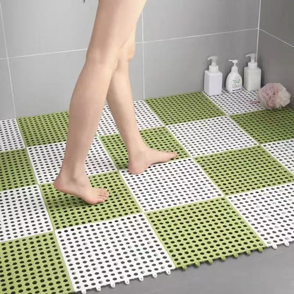 White And Green DIY Interlocking Non-Slip Floor Tiles - 18-Pack PVC Drainage Mat for Shower & Bathroom Safety