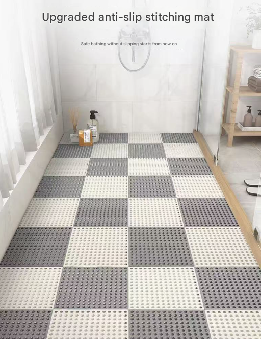 Grey And Green DIY Interlocking Non-Slip Floor Tiles - 18-Pack PVC Drainage Mat for Shower & Bathroom Safety