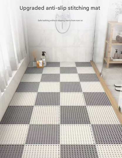 White And Green DIY Interlocking Non-Slip Floor Tiles - 12-Pack PVC Drainage Mat for Shower & Bathroom Safety