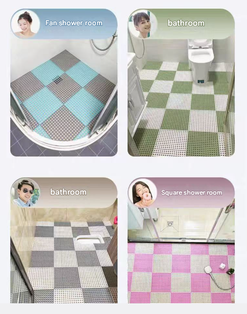 Green And Pink DIY Interlocking Non-Slip Floor Tiles - 12-Pack PVC Drainage Mat for Shower & Bathroom Safety