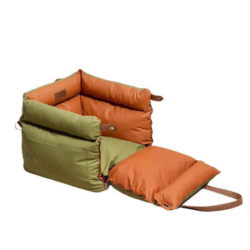 Green and Orange Premium Plush Pet Booster Car Seat - Portable Dog Travel Bed with Non-Slip Base